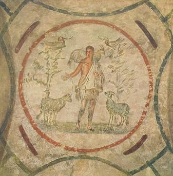 El Buen Pastor, fresco de la catacumba de Priscila, Roma