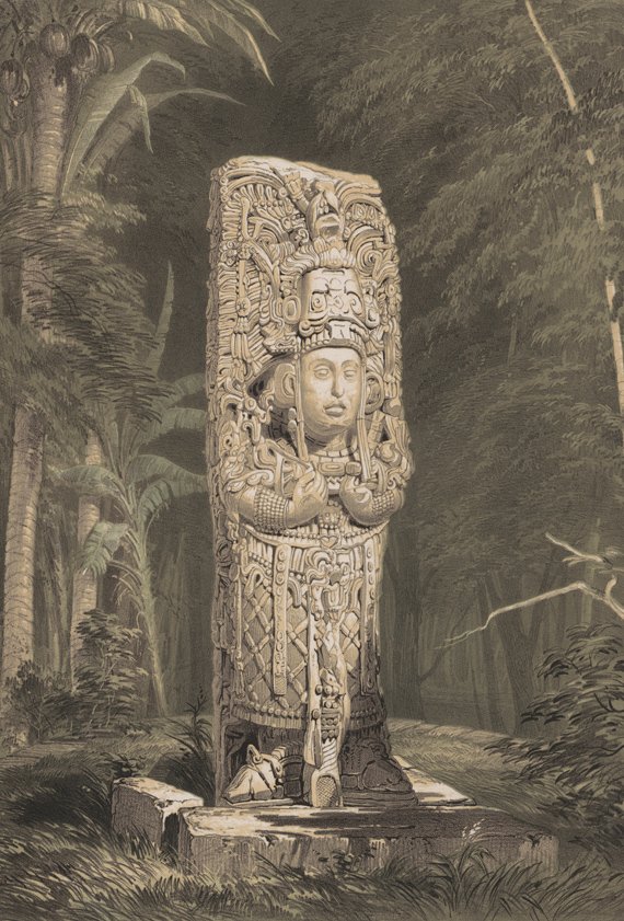 Estela maya de Copán en una litografía de Frederick Catherwood